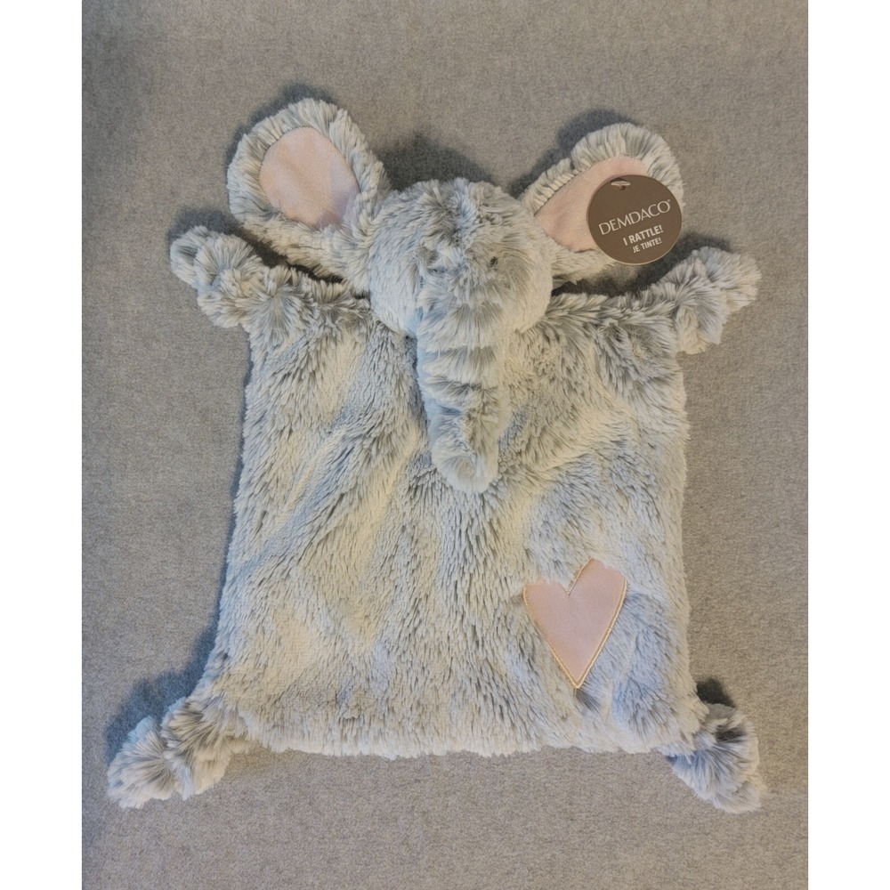 NWT Demdaco Super Soft Gray Elephant Lovey Rattle Security Blanket Pink Heart